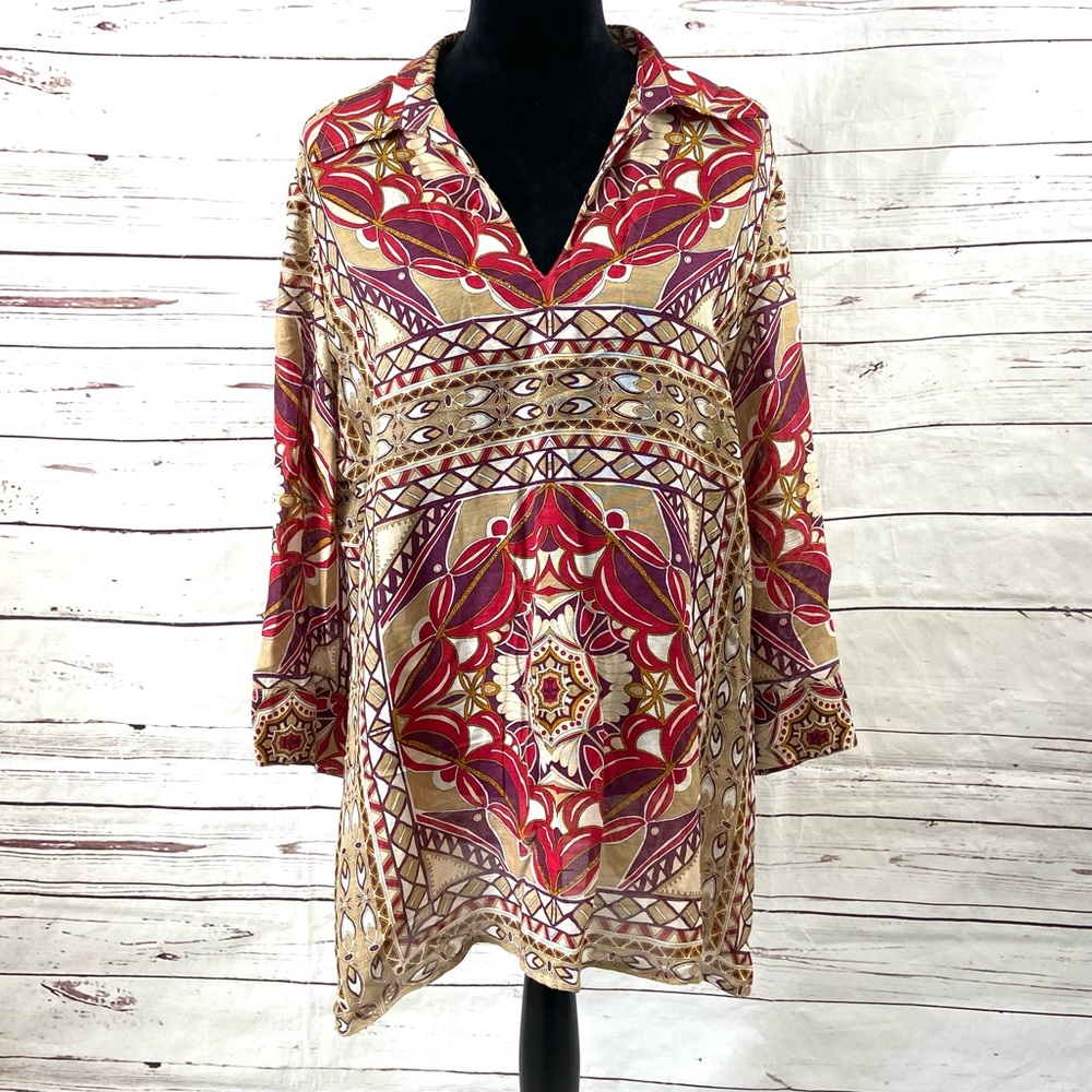 Talbots Top‎ Women’s 16 Red /Tan Blouse 3/4 Sleeve Collared Silk Linen Blend